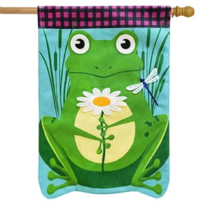 Spring - Daisy Frog Burlap Sculpted House Banner